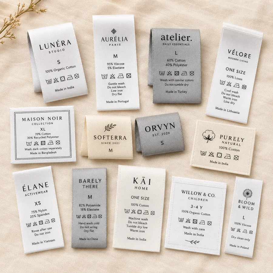 Thirteen printed care labels on satin and cotton — fiber content, wash symbols, size and origin layouts