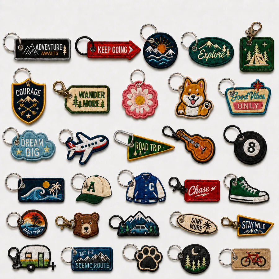 Thirty embroidered keychains in die-cut shapes — mascots, pennants, badges and text tags with ring and clasp hardware