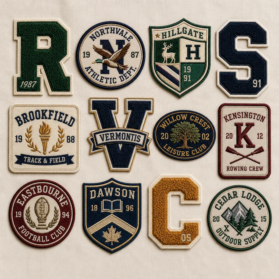 Varsity-style embroidered and chenille patches — letters, crests, shields and club badges