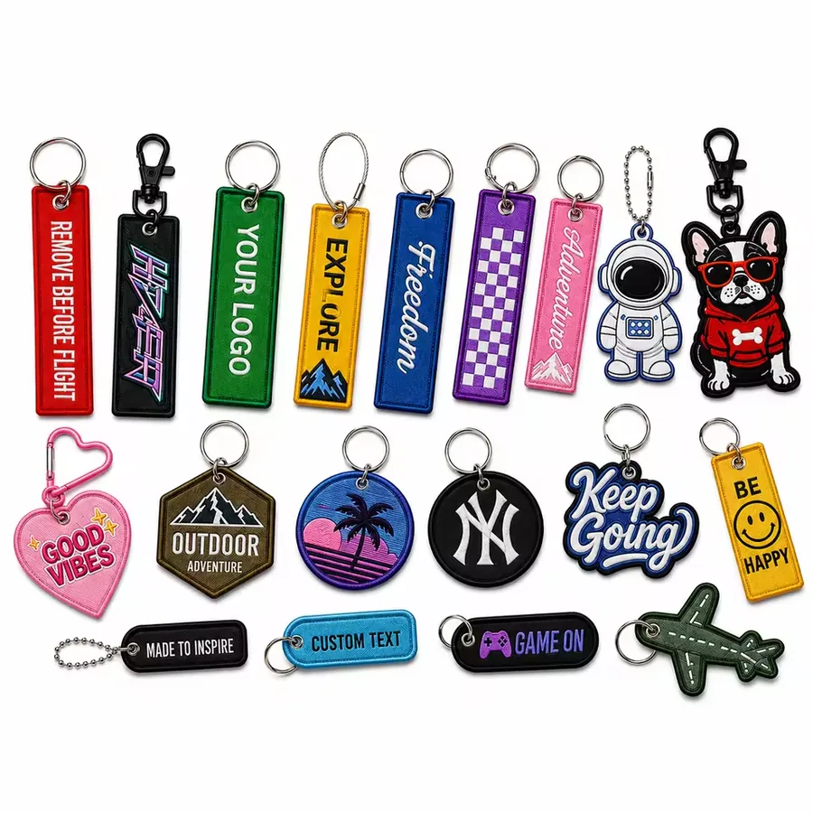 Custom woven keychains in jet tag, die-cut and shaped styles with ring, clasp and chain hardware