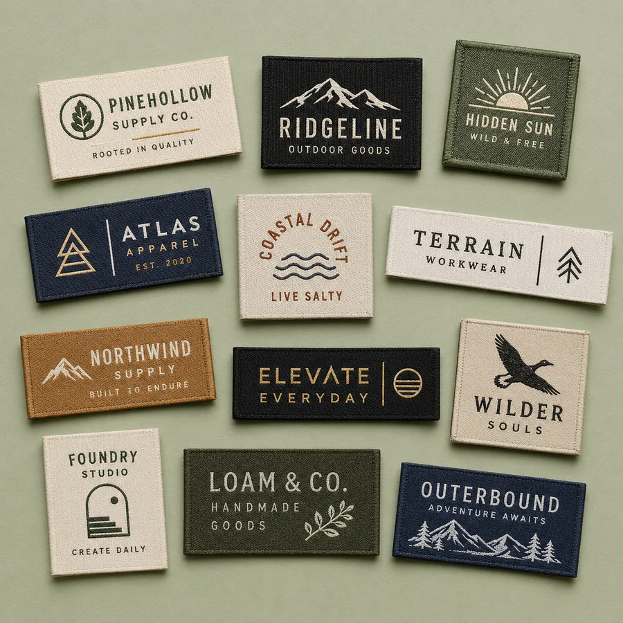 Custom woven labels in twelve brand designs — damask weave on cream, navy, black and olive grounds