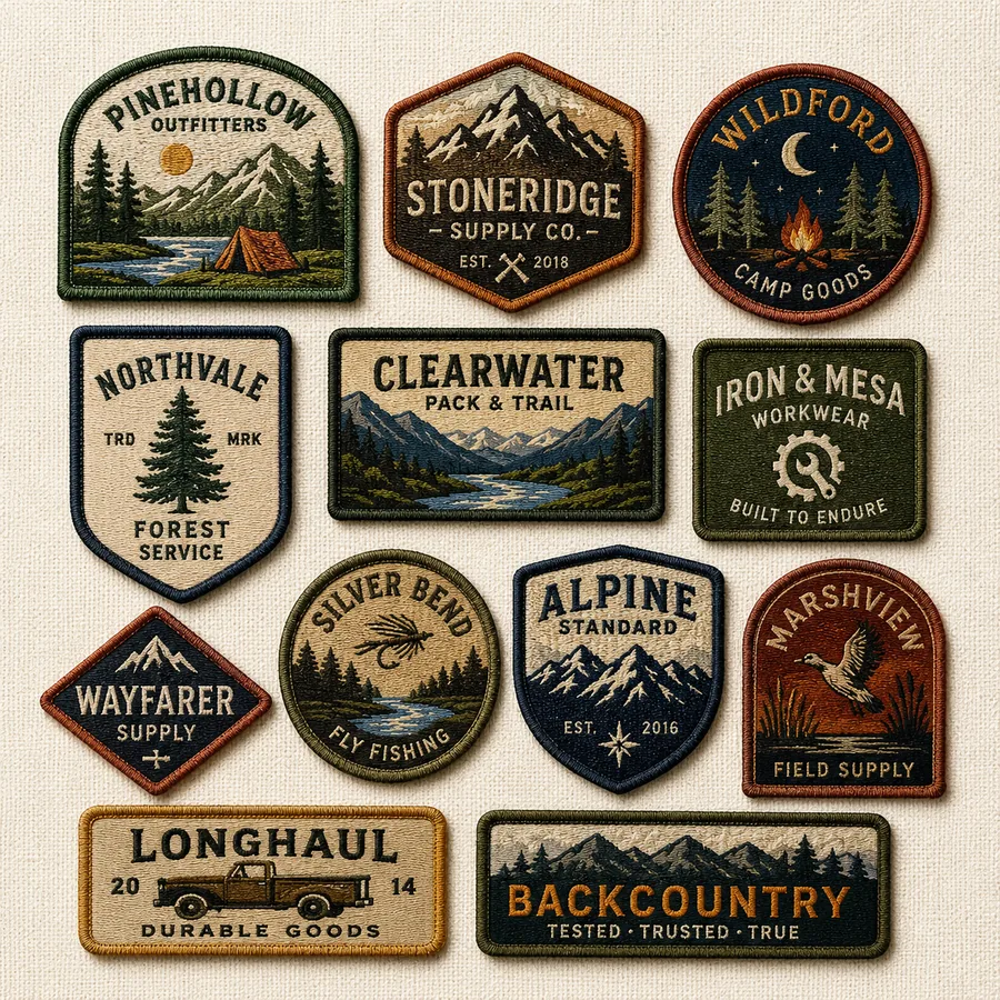 Twelve custom woven patches in outdoor badge styles — arch, hexagon, round, shield and rectangular shapes