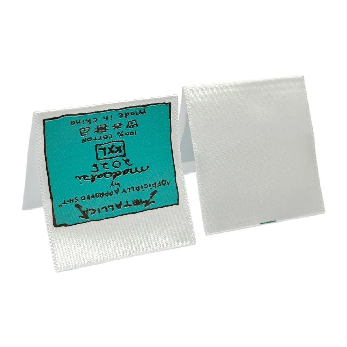 Teal printed center-fold satin care label showing front and reverse