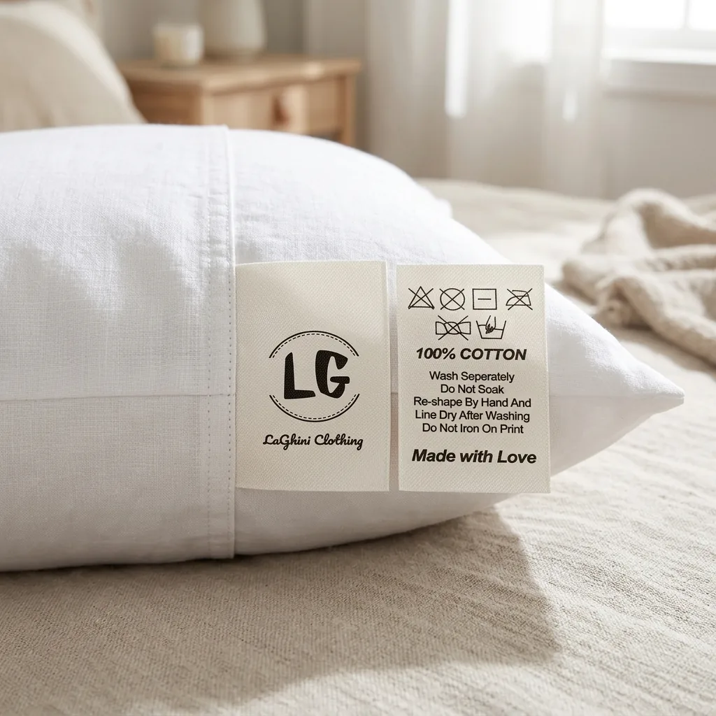 Cotton care label sewn into white bedding with laundry symbols