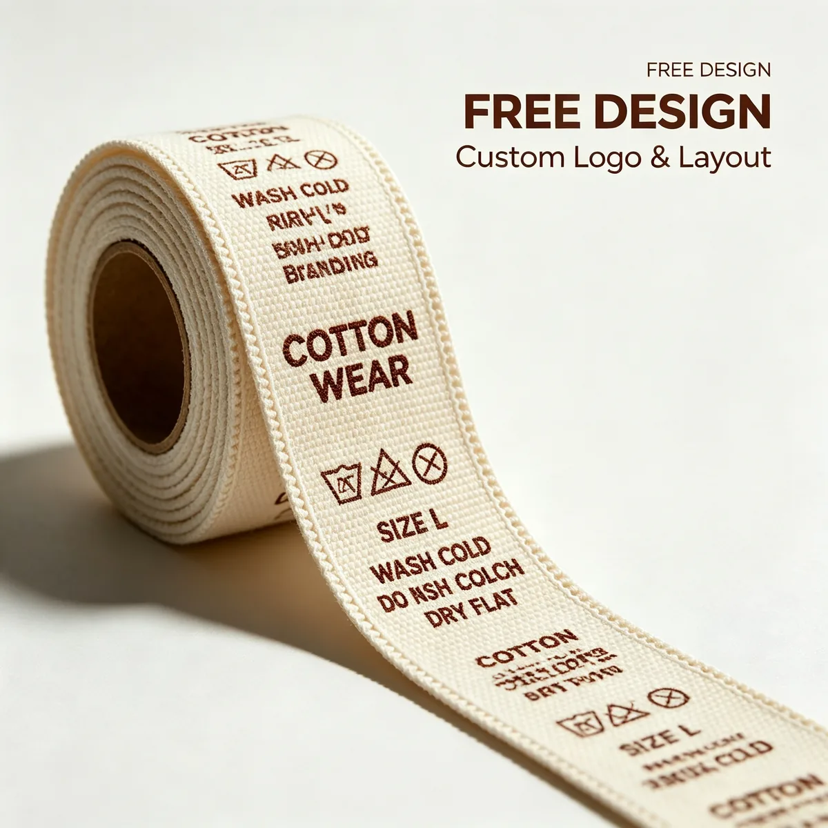 Natural cotton tape care label roll with printed brand and wash information