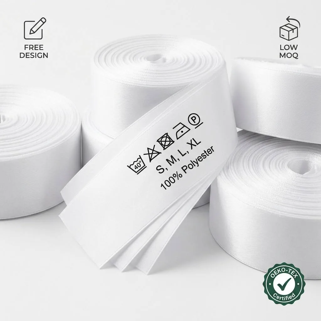 Custom white satin care label rolls with printed wash symbols