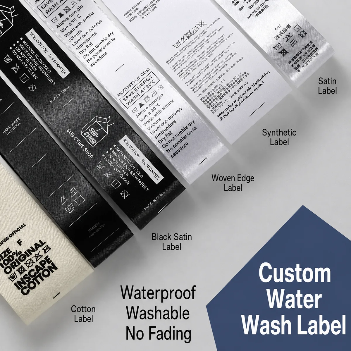 Assorted black, white and natural printed care labels in several materials