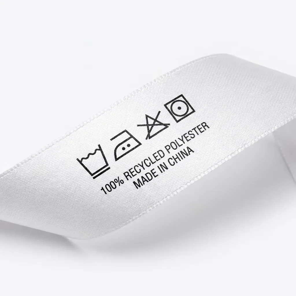 Close-up of a white recycled polyester satin care label with wash symbols