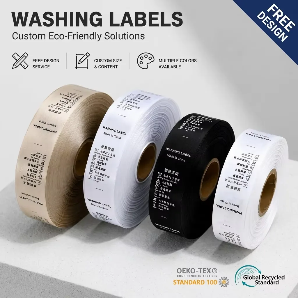 White, black and natural washing label rolls with printed care instructions