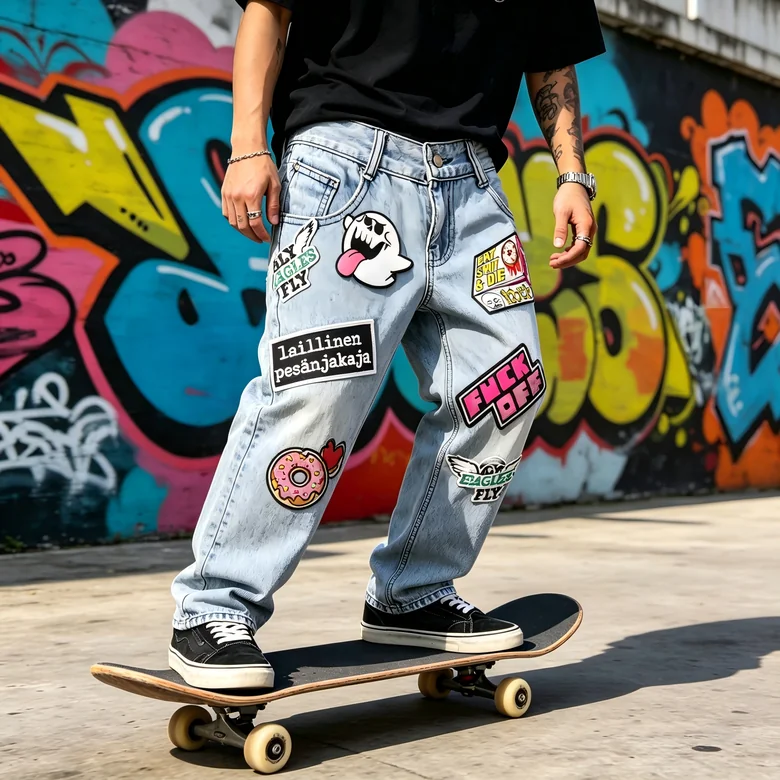 Woven and PVC patches applied to streetwear denim