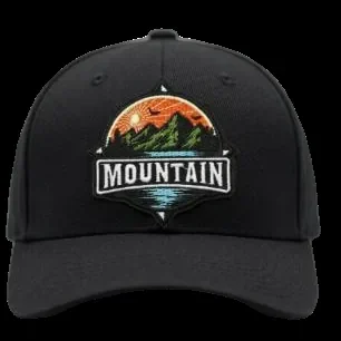 Embroidered mountain landscape patch on a black cap