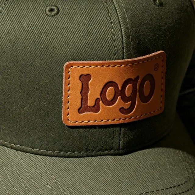 Custom leather logo patch stitched onto an olive cap front