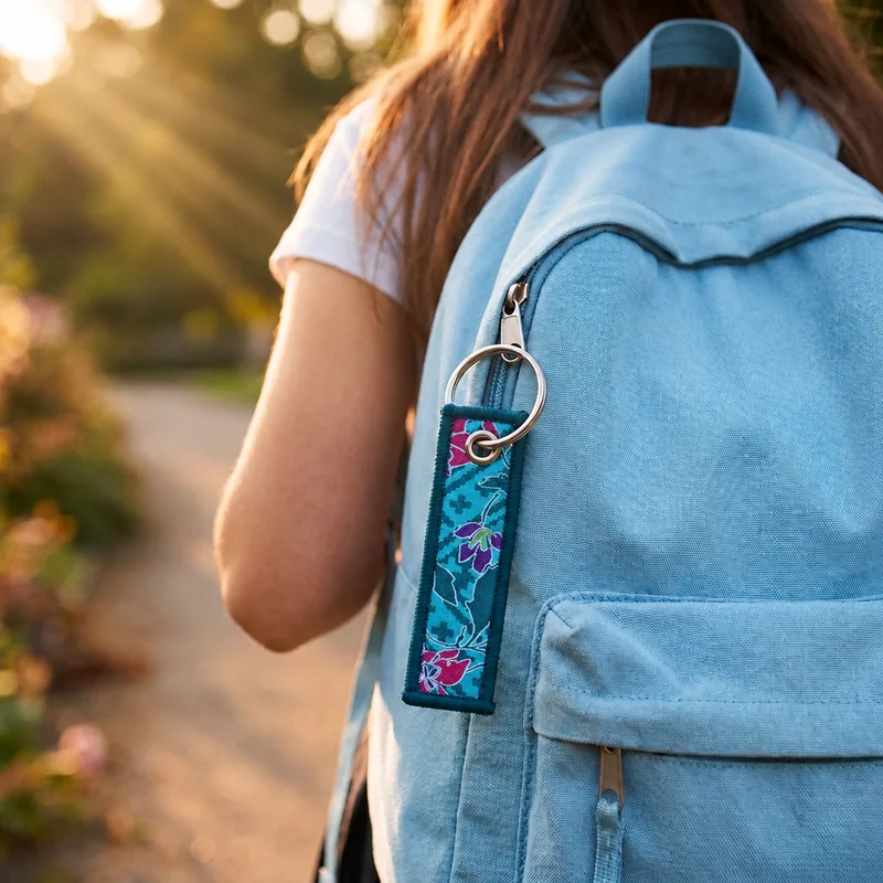 Floral woven wristlet keychain clipped to a backpack zip pull