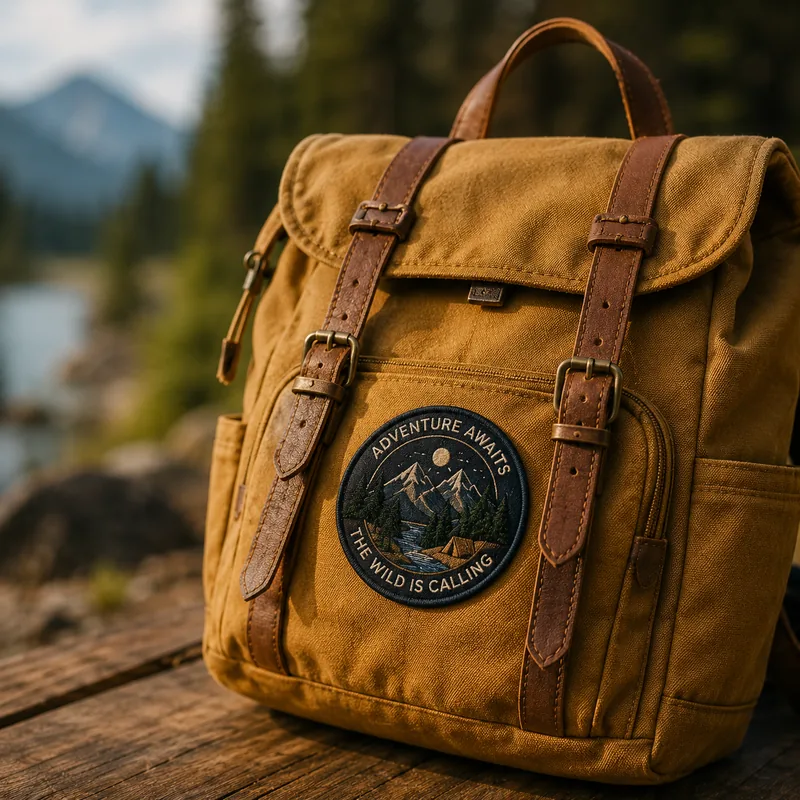 Round woven mountain patch sewn onto a waxed-canvas backpack pocket