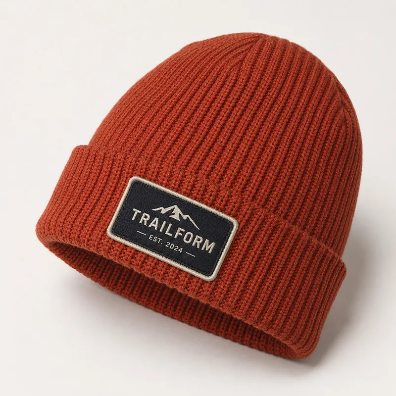 Woven Trailform brand patch on a rust ribbed beanie