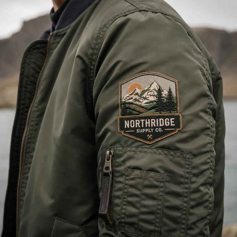 Embroidered shield patch on the sleeve of an olive bomber jacket