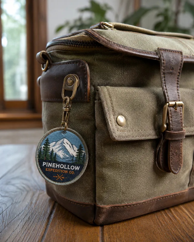 Round woven expedition patch clipped to an olive canvas cooler bag