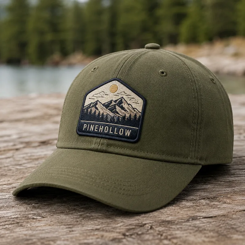 Hexagon embroidered mountain patch on an olive six-panel dad cap