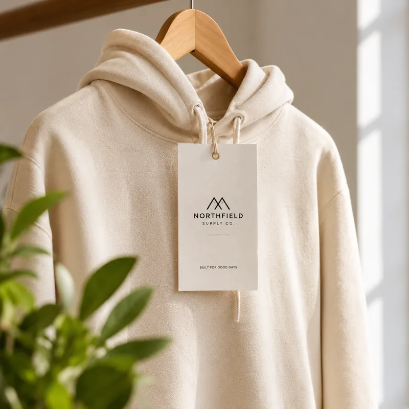 Printed cardstock hang tag tied to a cream fleece hoodie on a hanger