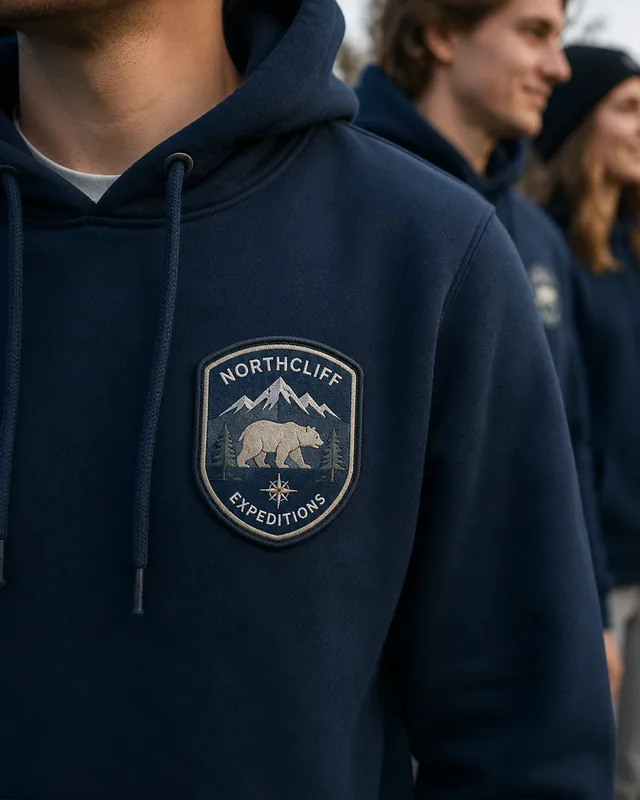 Embroidered Northcliff bear-and-mountain crest patch on a navy team hoodie
