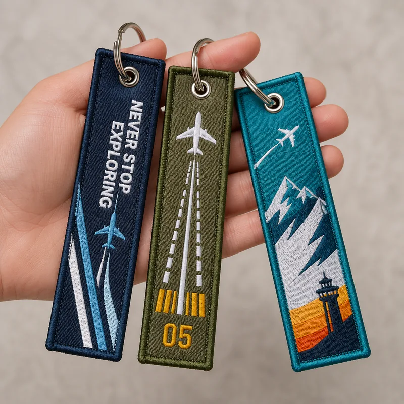 Three woven aviation jet-tag keychains held in hand
