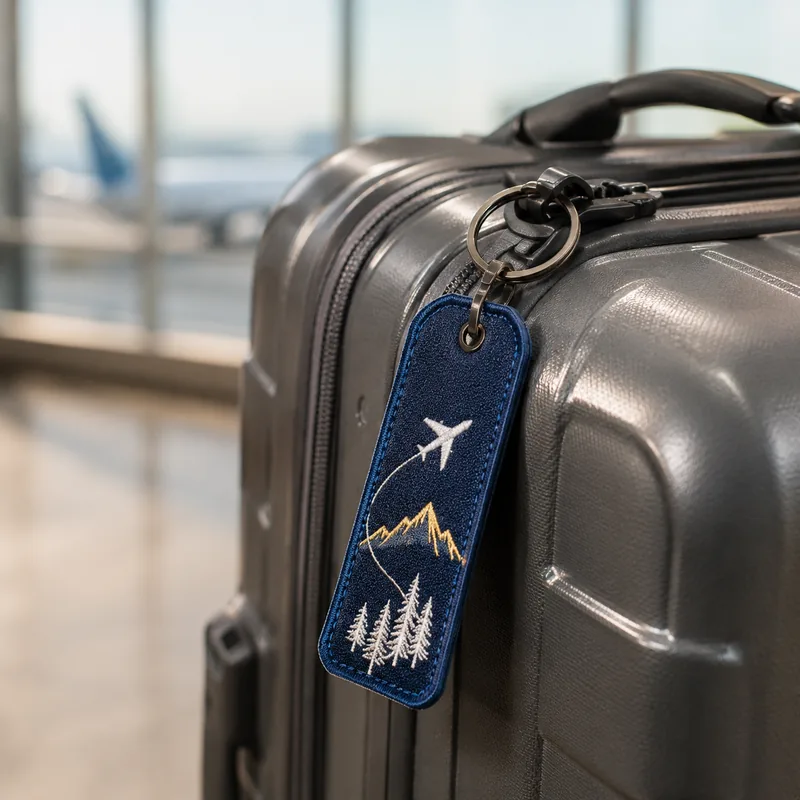 Embroidered airplane and mountains bag tag clipped to a carry-on suitcase