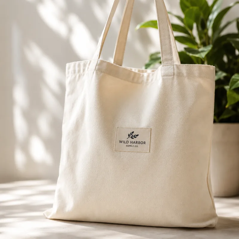 Rectangular woven brand label stitched to a natural cotton tote bag