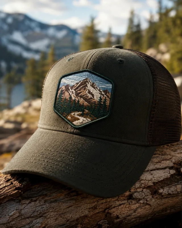 Hexagon embroidered mountain-scene patch on an olive mesh trucker cap