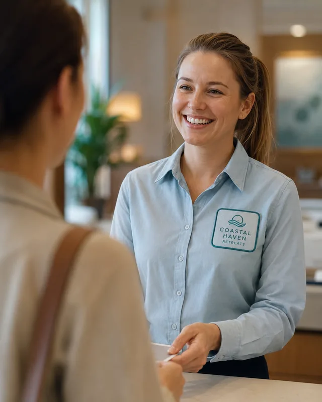 Embroidered Coastal Haven logo patch on a hospitality uniform shirt