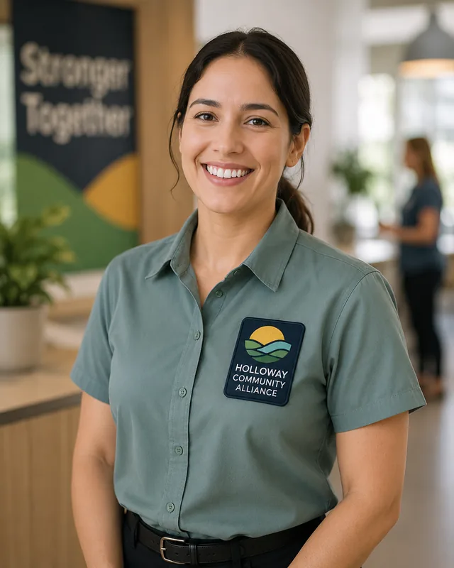 Woven Holloway community logo badge on a staff uniform shirt
