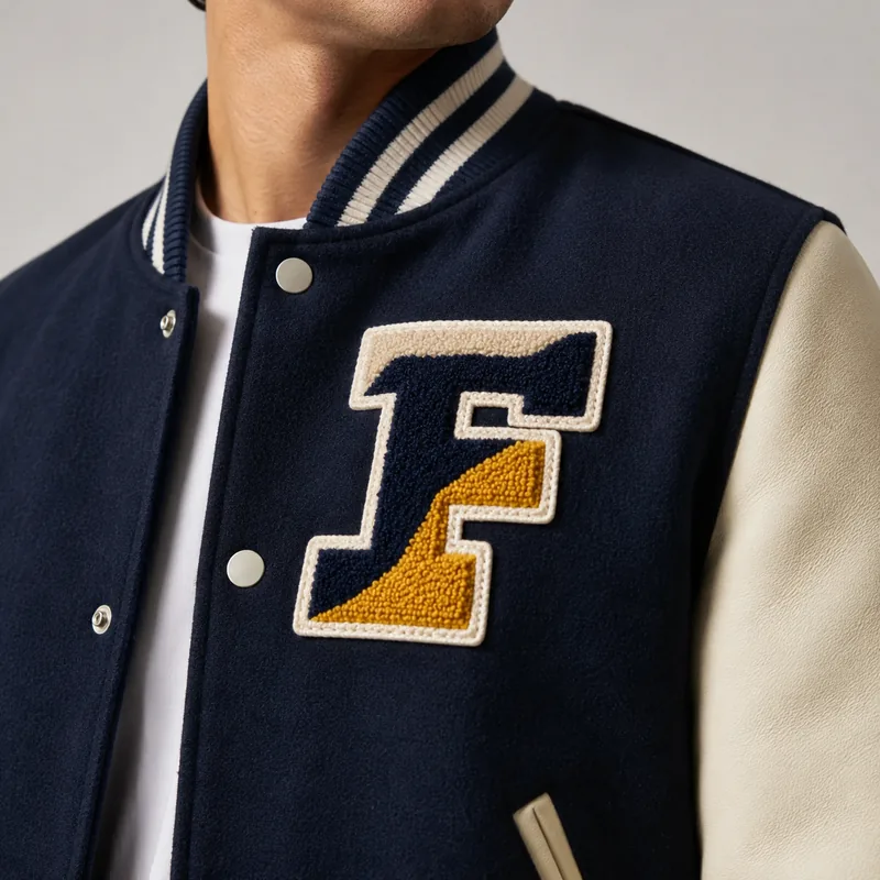 Gold chenille letter F with cream border on a navy wool varsity jacket