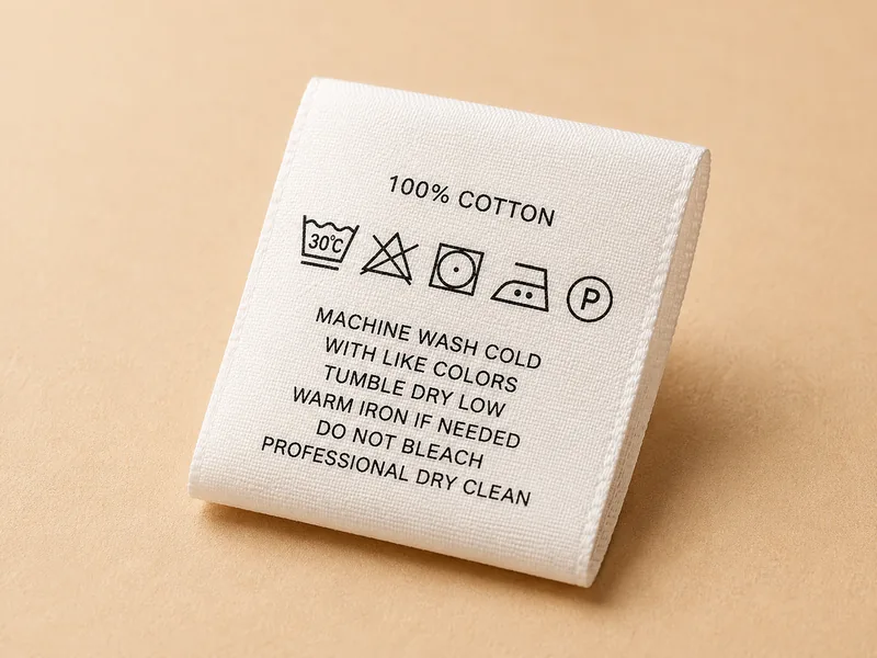 White care label with wash symbols and 100% cotton content text