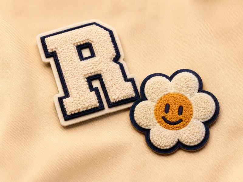 Chenille patches with looped pile — varsity letter R and daisy