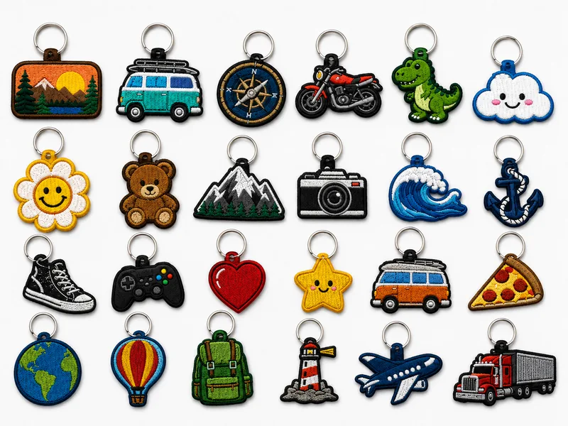 Twenty-four die-cut embroidered keychains — vehicles, animals, food and travel shapes