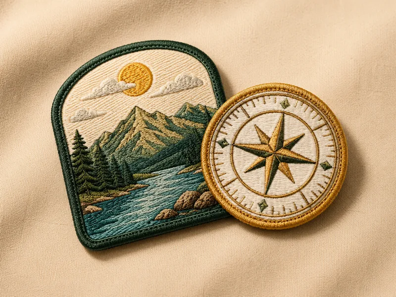 Embroidered patches with raised stitch texture — arch landscape and compass badge