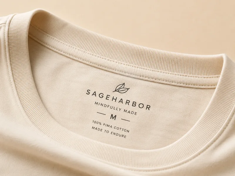 Tagless heat transfer label printed inside a beige tee collar