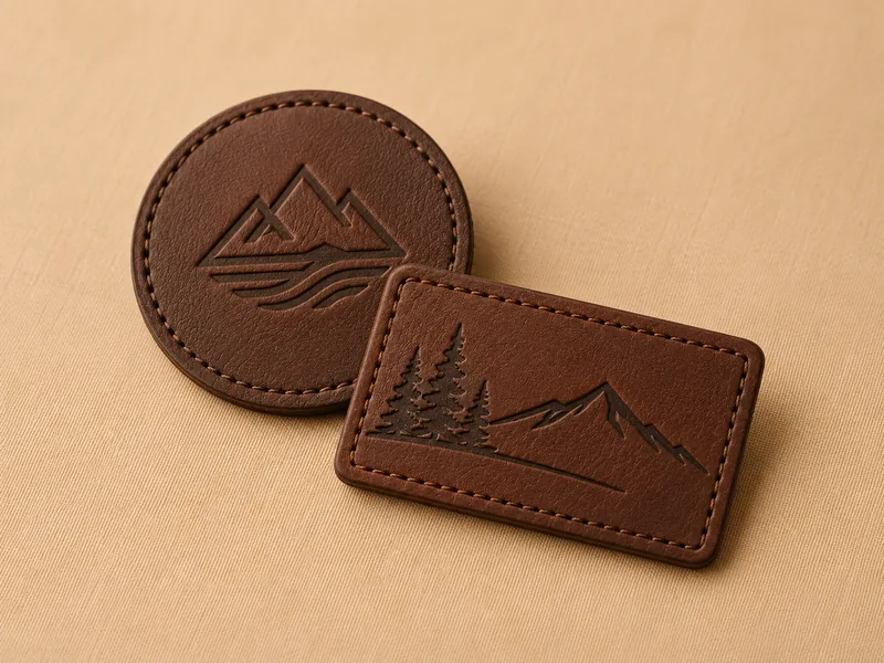 Debossed leather patches with stitched edges — round and rectangular
