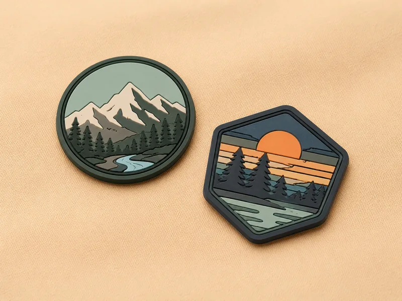 Molded PVC rubber patches — round and hexagon mountain scenes