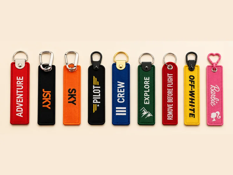 Nine woven jet tag keychains in a row with ring, carabiner and clasp hardware