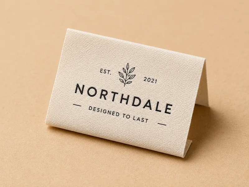 Cream woven label with center fold, standing on kraft paper
