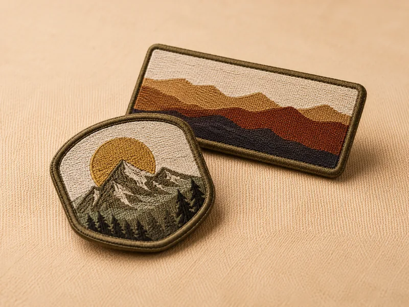 Two woven patches with flat landscape artwork and merrow borders
