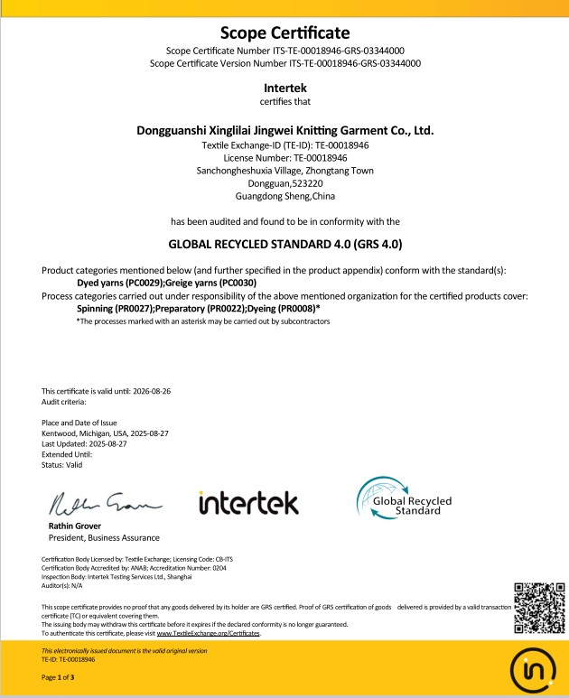 GRS scope certificate ITS-TE-00018946-GRS-03 issued by Intertek to Dongguanshi Xinglilai Jingwei Knitting Garment Co., Ltd.