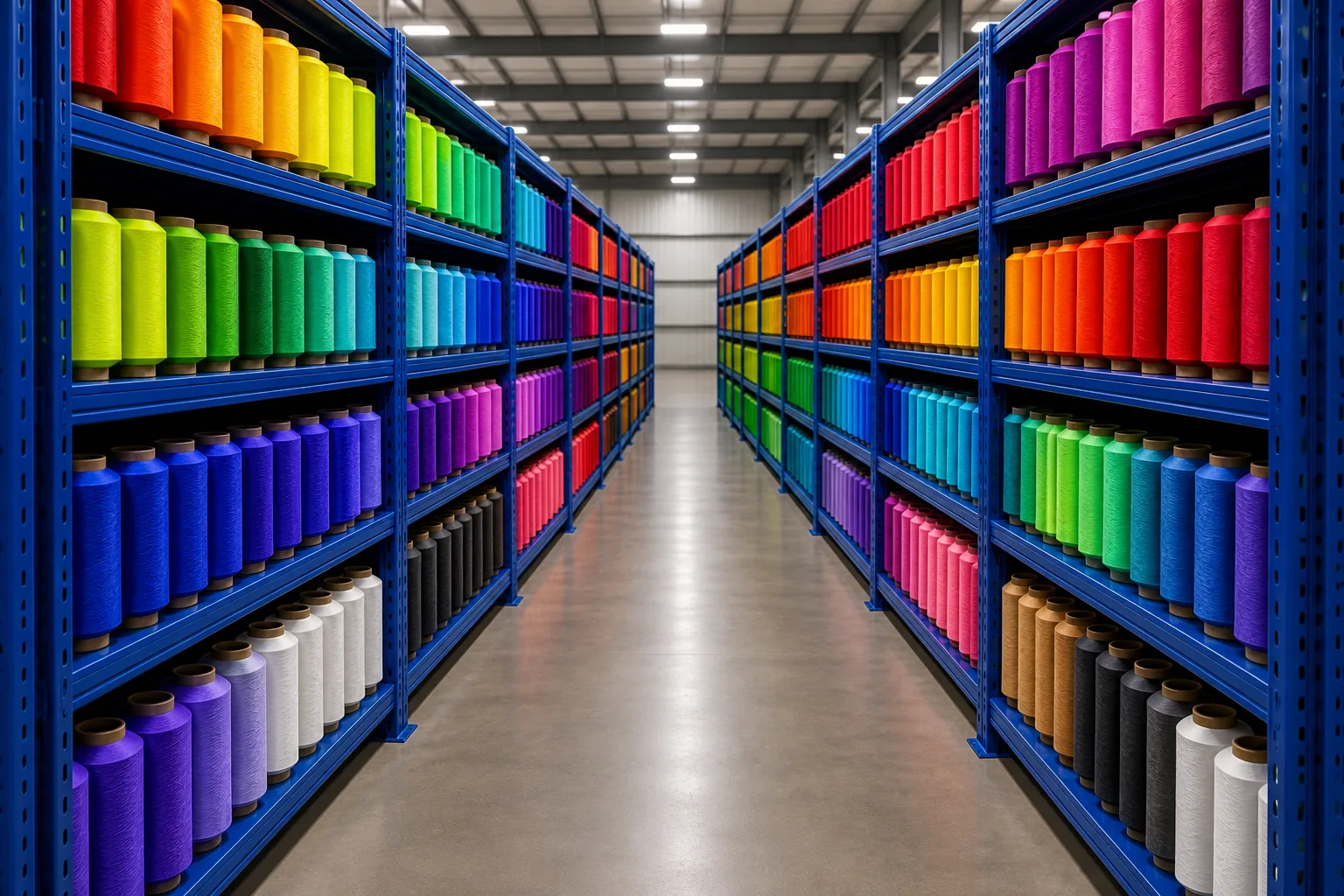 Two rows of colorful certified yarn cones on warehouse shelves