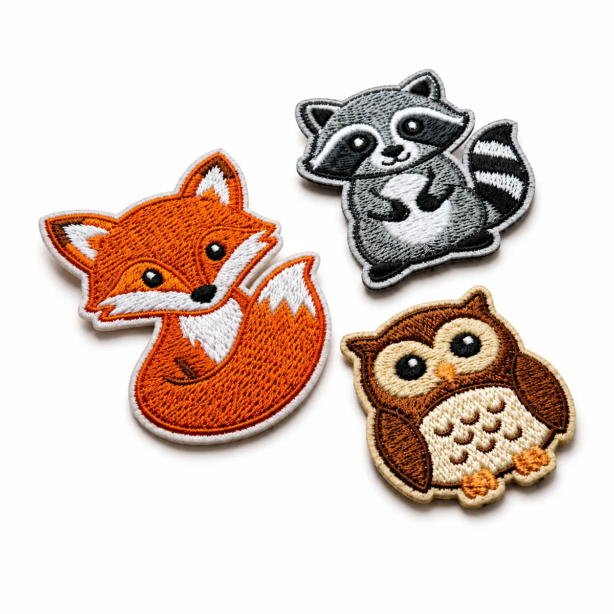 Fox raccoon and owl embroidered animal patch set