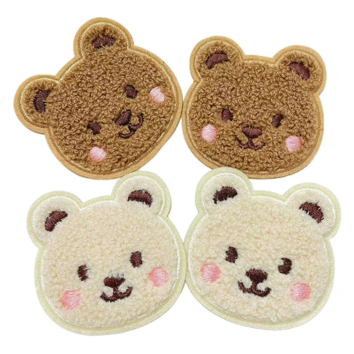 Brown and cream teddy bear face chenille patch set