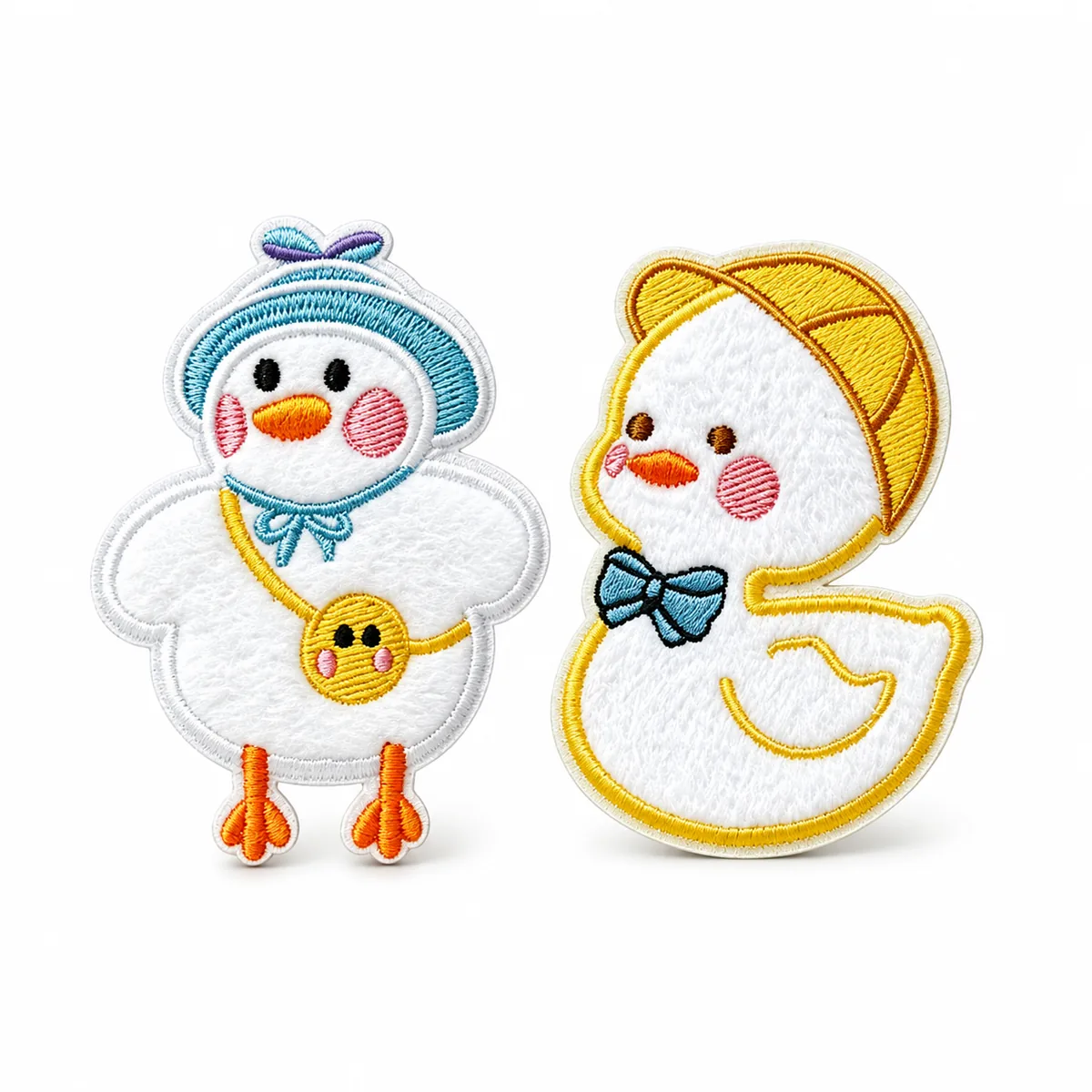 Duck character chenille patches with embroidered outlines