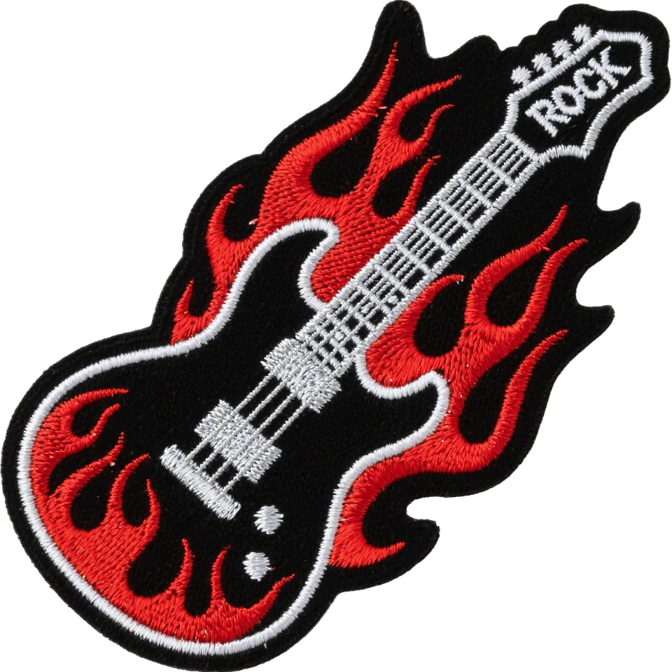 Red flame guitar embroidered patch on black felt
