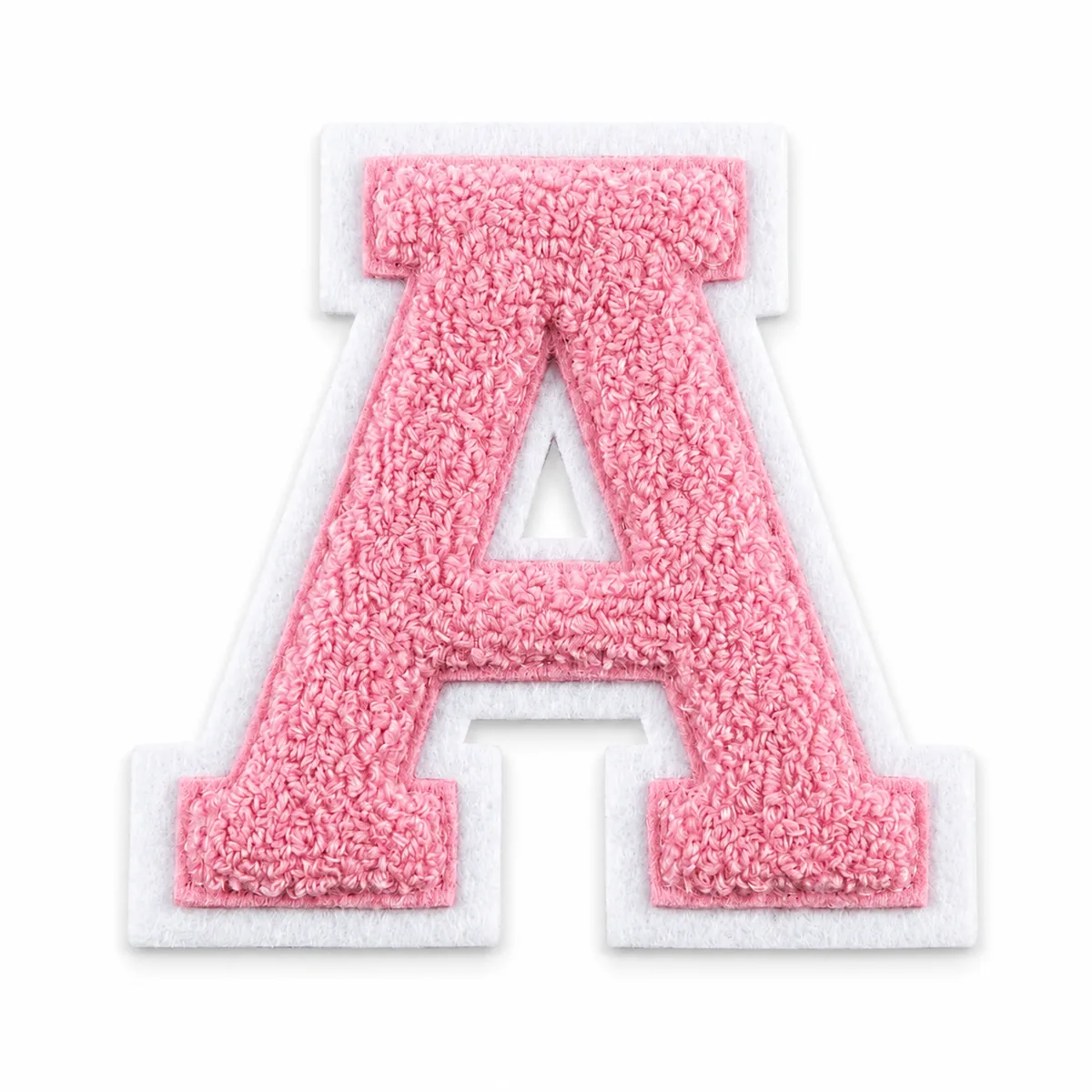 Pink chenille letter A patch on a white felt base