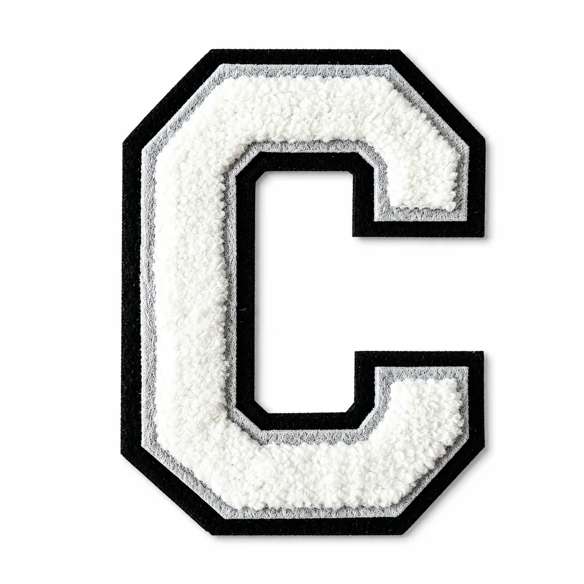White chenille letter C patch with black border