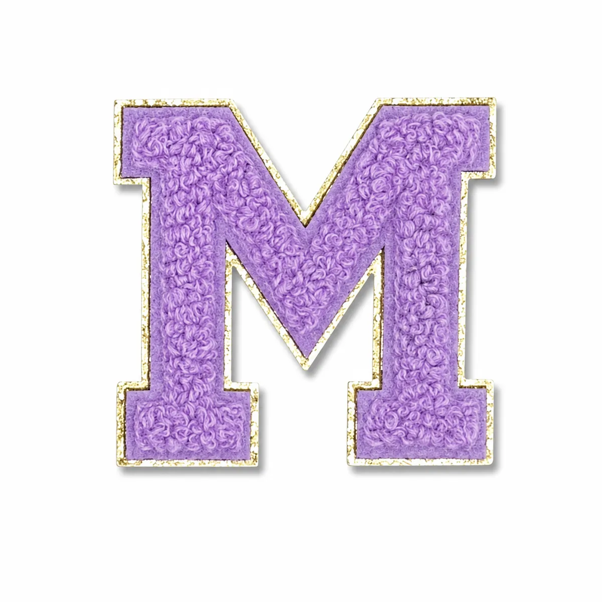 Purple chenille letter M patch with gold border